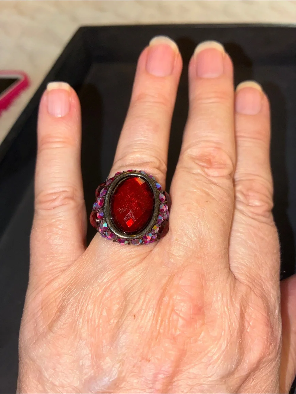 Vintage-Inspired Red Crystal Statement Stretch Ring
